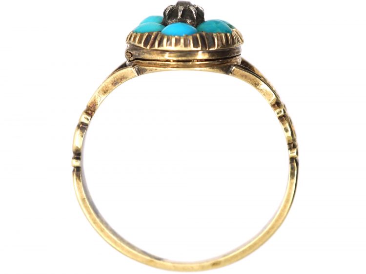 Georgian 15ct Gold Turquoise & Diamond Cluster Locket Ring