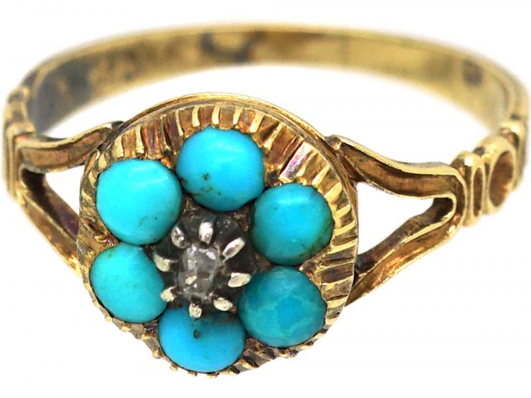 Georgian 15ct Gold Turquoise & Diamond Cluster Locket Ring