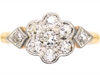 Edwardian 18ct Gold & Platinum Daisy Cluster Ring with Diamond Set Shoulders
