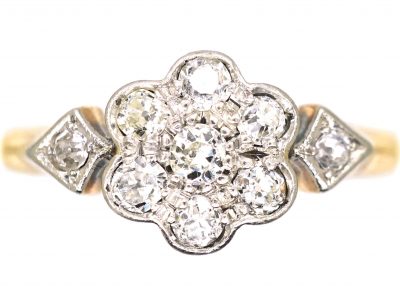 Edwardian 18ct Gold & Platinum Daisy Cluster Ring with Diamond Set Shoulders