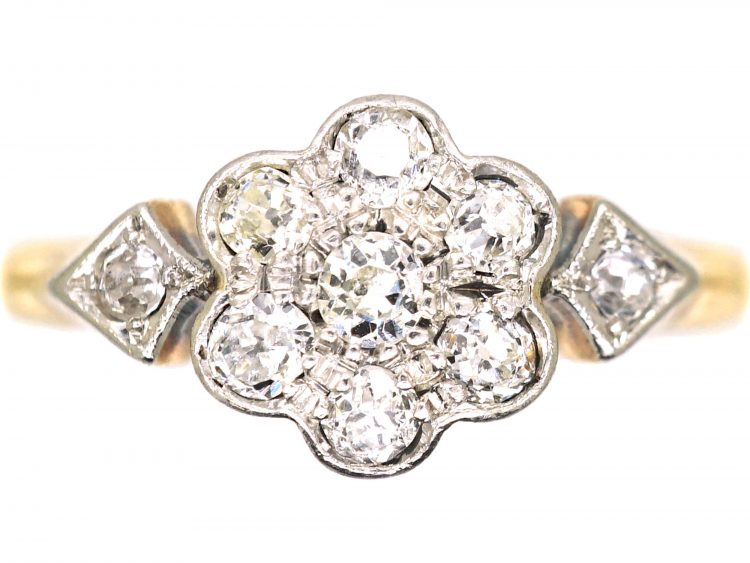Edwardian 18ct Gold & Platinum Daisy Cluster Ring with Diamond Set Shoulders