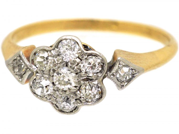 Edwardian 18ct Gold & Platinum Daisy Cluster Ring with Diamond Set Shoulders