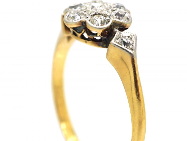 Edwardian 18ct Gold & Platinum Daisy Cluster Ring with Diamond Set Shoulders