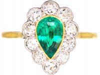 Early 20th Century 18ct Gold & Platinum Pear Shaped Ring set with an Emerald & Diamonds