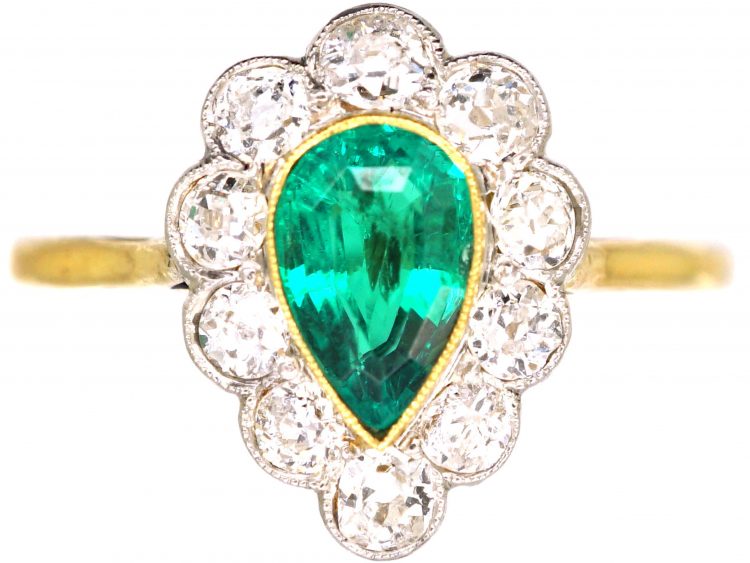 Early 20th Century 18ct Gold & Platinum Pear Shaped Ring set with an Emerald & Diamonds