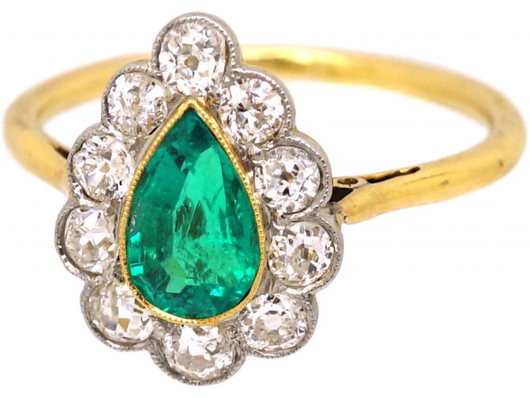 Early 20th Century 18ct Gold & Platinum Pear Shaped Ring set with an Emerald & Diamonds