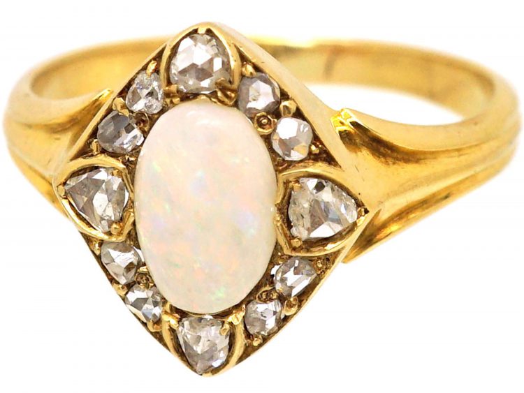 Edwardian 18ct Gold, Opal & Diamond Oval Cluster Ring