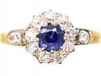 Edwardian 18ct Gold, Sapphire & Diamond Cluster Ring with Diamond Set Shoulders