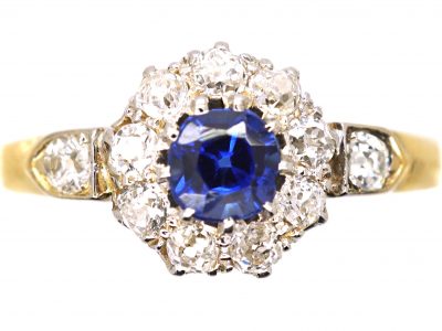 Edwardian 18ct Gold, Sapphire & Diamond Cluster Ring with Diamond Set Shoulders