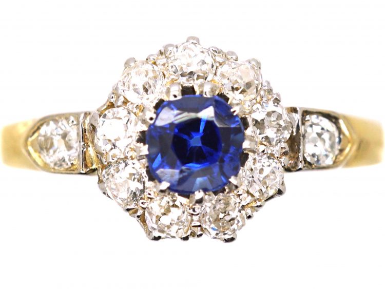 Edwardian 18ct Gold, Sapphire & Diamond Cluster Ring with Diamond Set Shoulders
