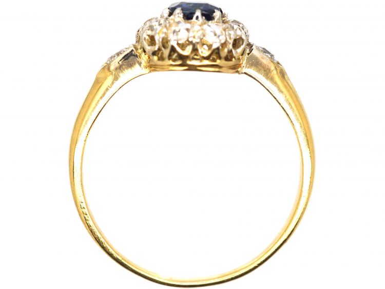 Edwardian 18ct Gold, Sapphire & Diamond Cluster Ring with Diamond Set Shoulders