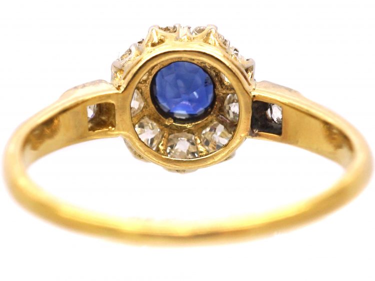 Edwardian 18ct Gold, Sapphire & Diamond Cluster Ring with Diamond Set Shoulders