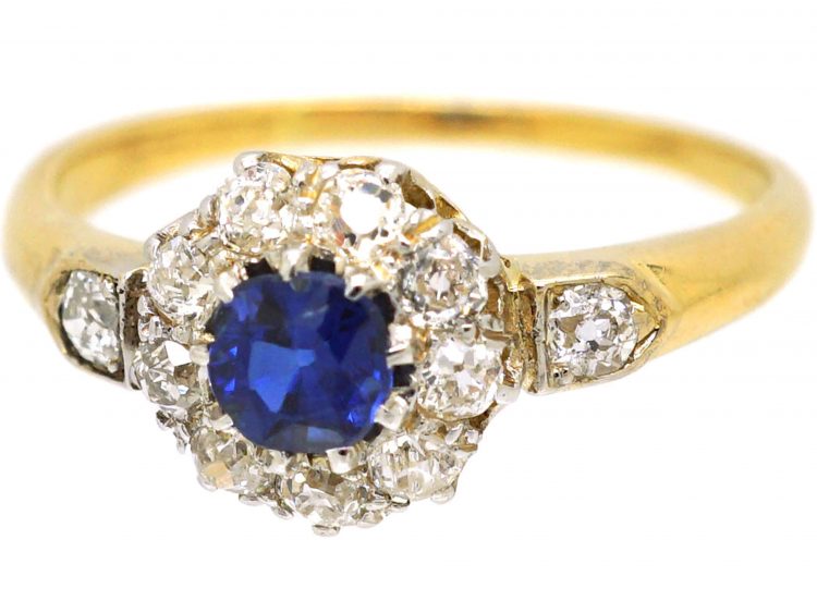 Edwardian 18ct Gold, Sapphire & Diamond Cluster Ring with Diamond Set Shoulders