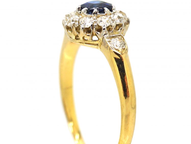 Edwardian 18ct Gold, Sapphire & Diamond Cluster Ring with Diamond Set Shoulders