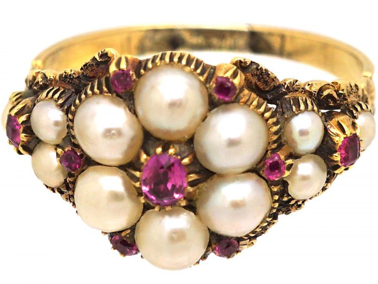 Georgian 15ct Gold Ruby & Natural Split Pearl Cluster Ring