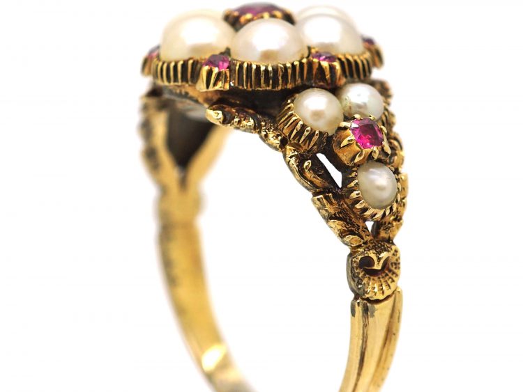 Georgian 15ct Gold Ruby & Natural Split Pearl Cluster Ring