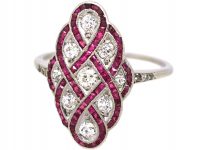Art Deco Platinum, Ruby & Diamond Woven Motif Ring