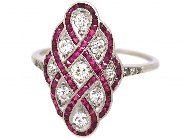Art Deco Platinum, Ruby & Diamond Woven Motif Ring