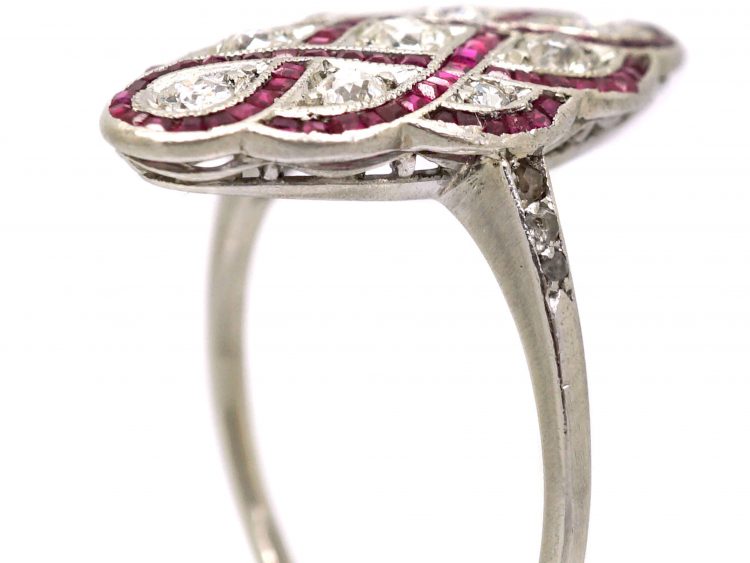 Art Deco Platinum, Ruby & Diamond Woven Motif Ring