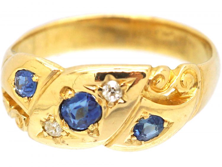Edwardian 18ct Gold Sapphire & Diamond Ornate Crossover Ring