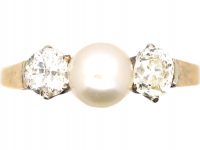 Edwardian 15ct Gold Ring set with a Natural Pearl & Two Diamonds