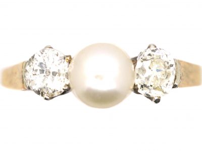 Edwardian 15ct Gold Ring set with a Natural Pearl & Two Diamonds