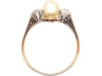 Edwardian 15ct Gold Ring set with a Natural Pearl & Two Diamonds