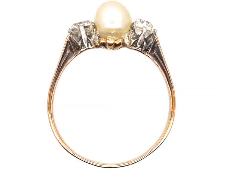 Edwardian 15ct Gold Ring set with a Natural Pearl & Two Diamonds