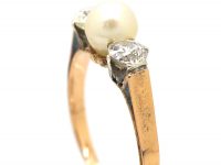 Edwardian 15ct Gold Ring set with a Natural Pearl & Two Diamonds