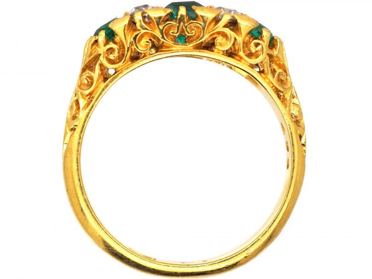 Edwardian 18ct Gold Three Stone Emerald & Diamond Carved Half Hoop Ring