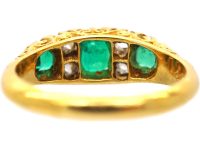 Edwardian 18ct Gold Three Stone Emerald & Diamond Carved Half Hoop Ring