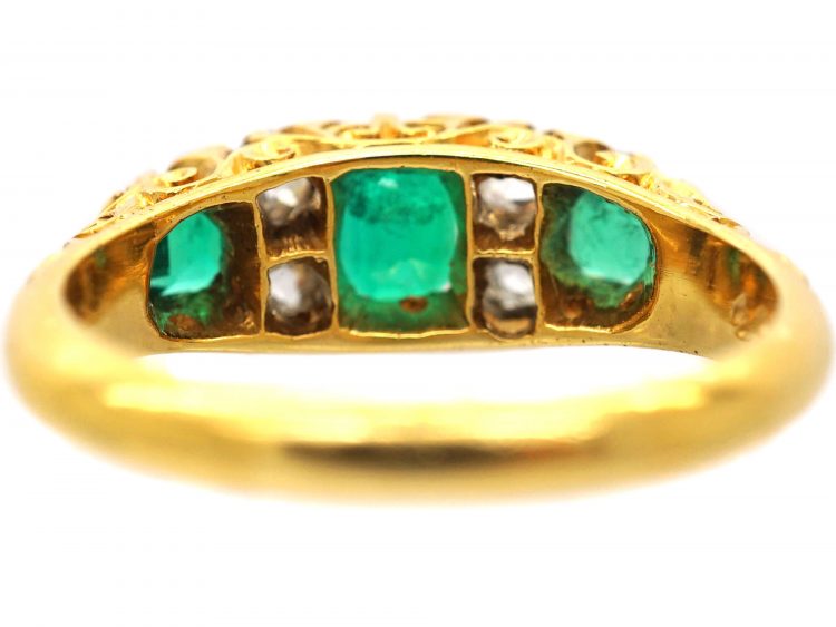 Edwardian 18ct Gold Three Stone Emerald & Diamond Carved Half Hoop Ring