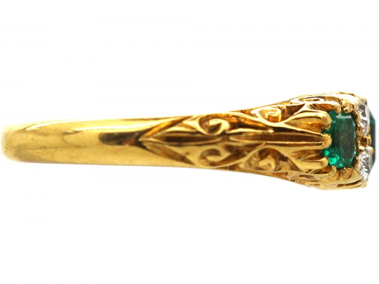 Edwardian 18ct Gold Three Stone Emerald & Diamond Carved Half Hoop Ring
