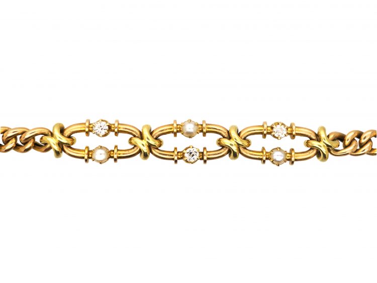 Edwardian 15ct Gold Bracelet set with Diamonds & Natural Split Pearls