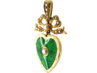 Edwardian 15ct Gold Green & White Enamel & Natural Split Pearl Heart Shaped Pendant