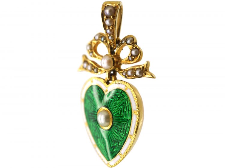 Edwardian 15ct Gold Green & White Enamel & Natural Split Pearl Heart Shaped Pendant