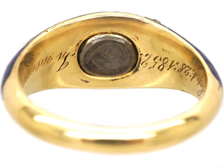 Early Victorian 18ct Gold & Blue Enamel Ring set with Natural Split Pearls & Rose Diamonds