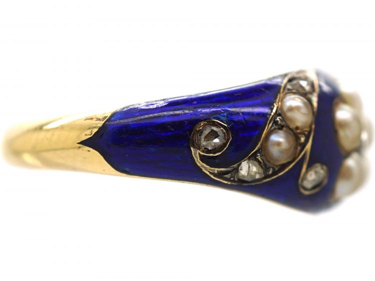 Early Victorian 18ct Gold & Blue Enamel Ring set with Natural Split Pearls & Rose Diamonds