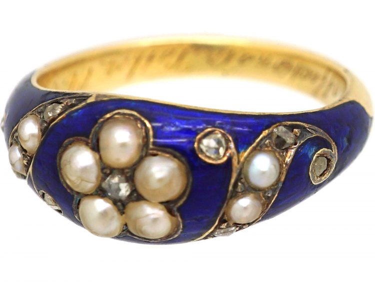 Early Victorian 18ct Gold & Blue Enamel Ring set with Natural Split Pearls & Rose Diamonds