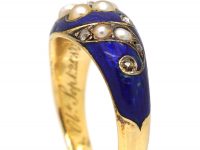 Early Victorian 18ct Gold & Blue Enamel Ring set with Natural Split Pearls & Rose Diamonds