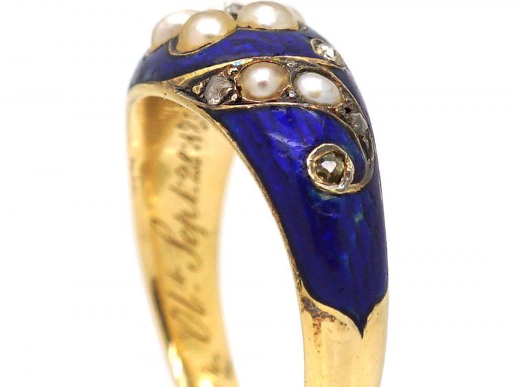 Early Victorian 18ct Gold & Blue Enamel Ring set with Natural Split Pearls & Rose Diamonds