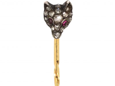 Edwardian Fox Head Tie Pin set with Rose Diamonds with Ruby Eyes