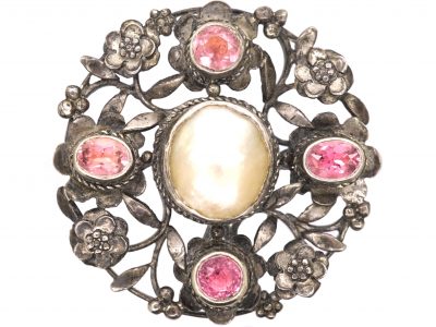 Early 20th Century Silver & Pink Tourmaline Round Arts and Crafts Brooch by Arthur Gaskin
