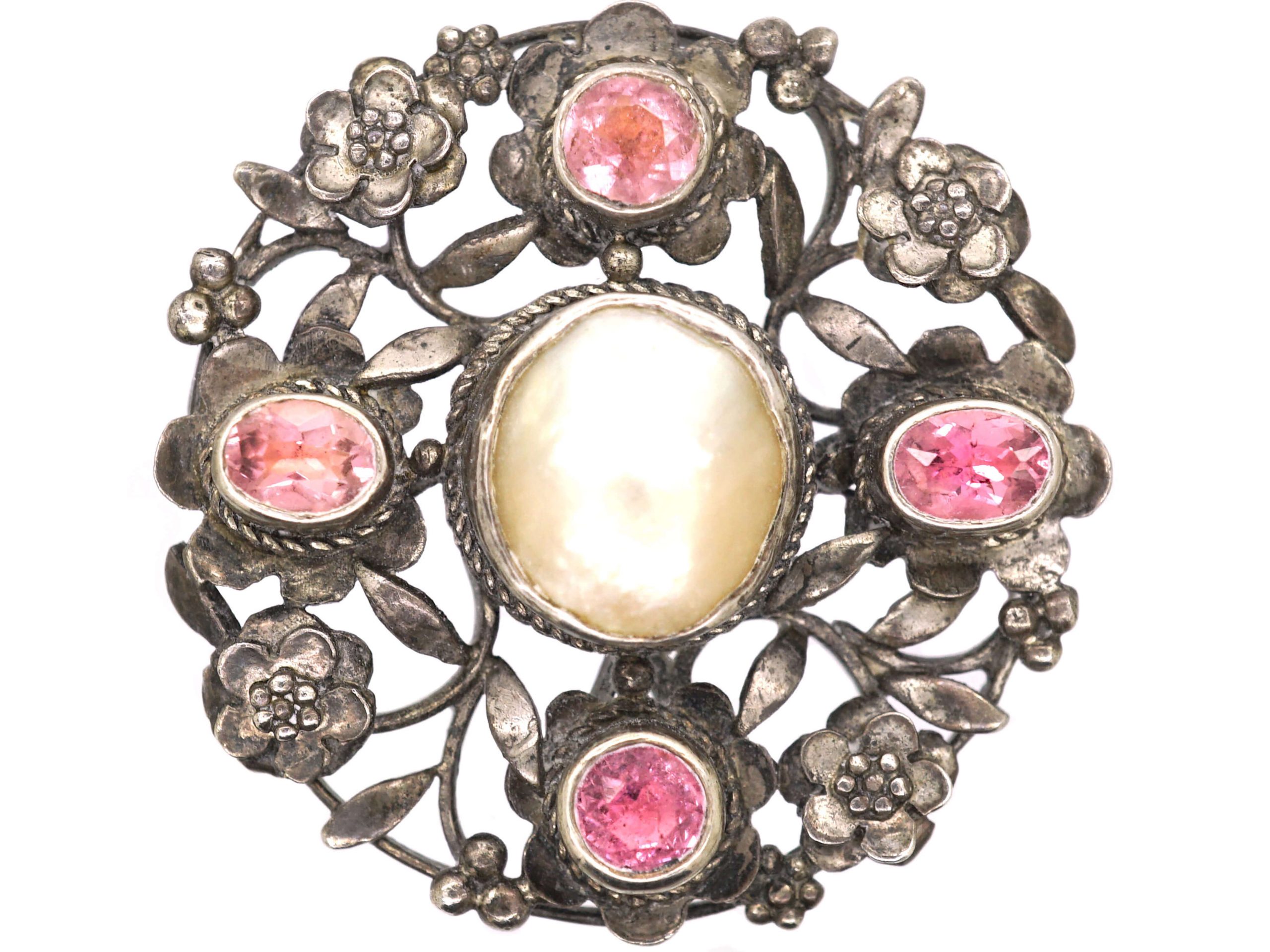 Early 20th Century Silver & Pink Tourmaline Round Arts and Crafts Brooch by Arthur Gaskin