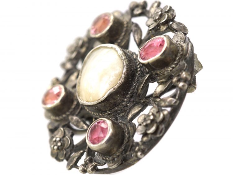 Early 20th Century Silver & Pink Tourmaline Round Arts and Crafts Brooch by Arthur Gaskin