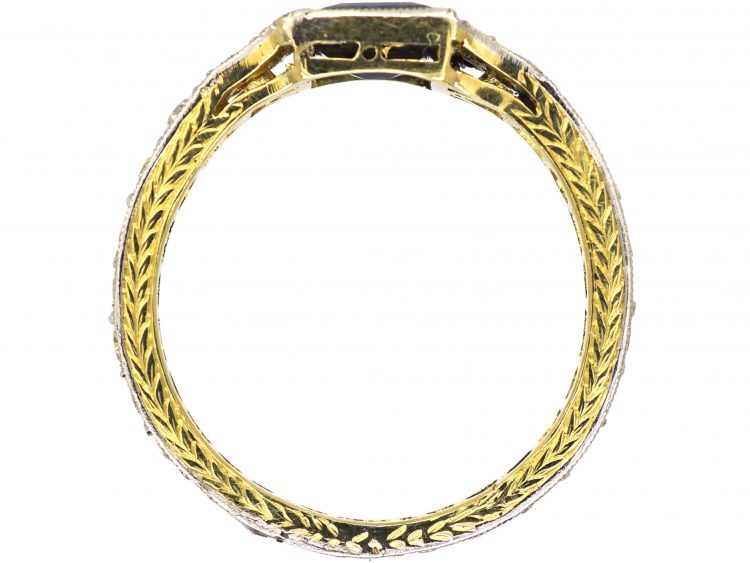 Art Deco 18ct Gold & Platinum Ring set with a Sapphire with Diamonds Around the Shank