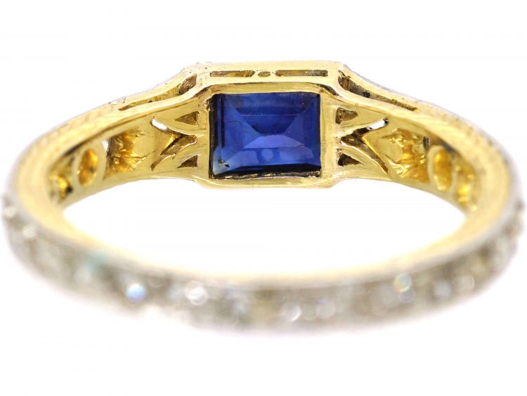 Art Deco 18ct Gold & Platinum Ring set with a Sapphire with Diamonds Around the Shank