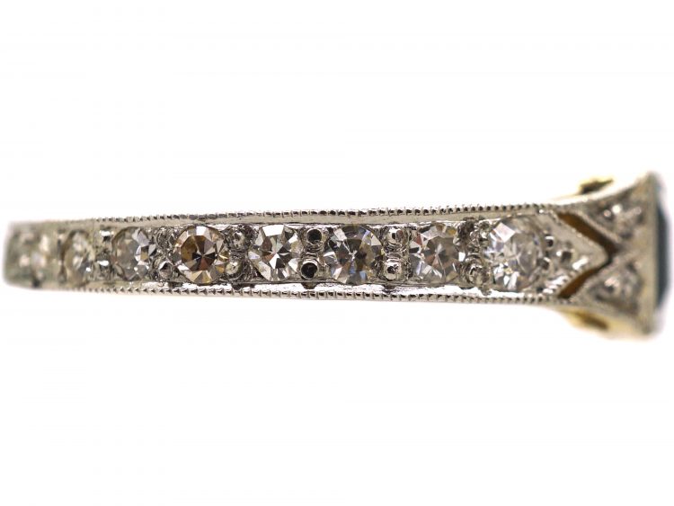 Art Deco 18ct Gold & Platinum Ring set with a Sapphire with Diamonds Around the Shank