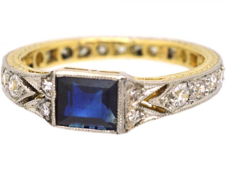 Art Deco 18ct Gold & Platinum Ring set with a Sapphire with Diamonds Around the Shank
