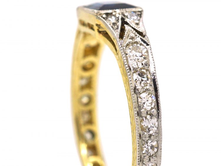 Art Deco 18ct Gold & Platinum Ring set with a Sapphire with Diamonds Around the Shank